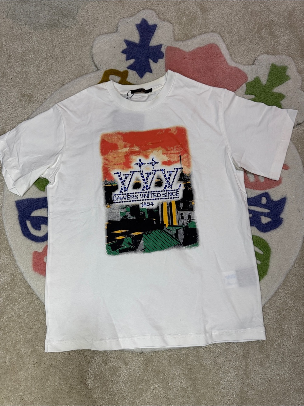 Louis Vuitton White Short Sleeve Tee with Orange, Green and Black Chest Print